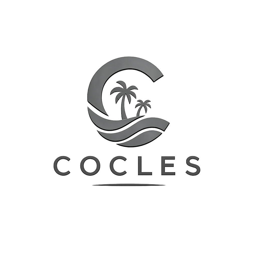 Cocles logo, a letter C with Caribbean palms and waves